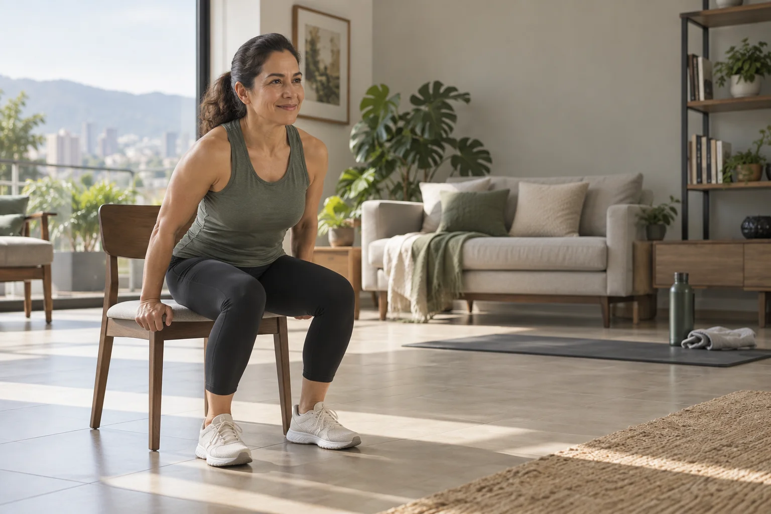 Adulto 40+ entrenando de forma controlada en casa