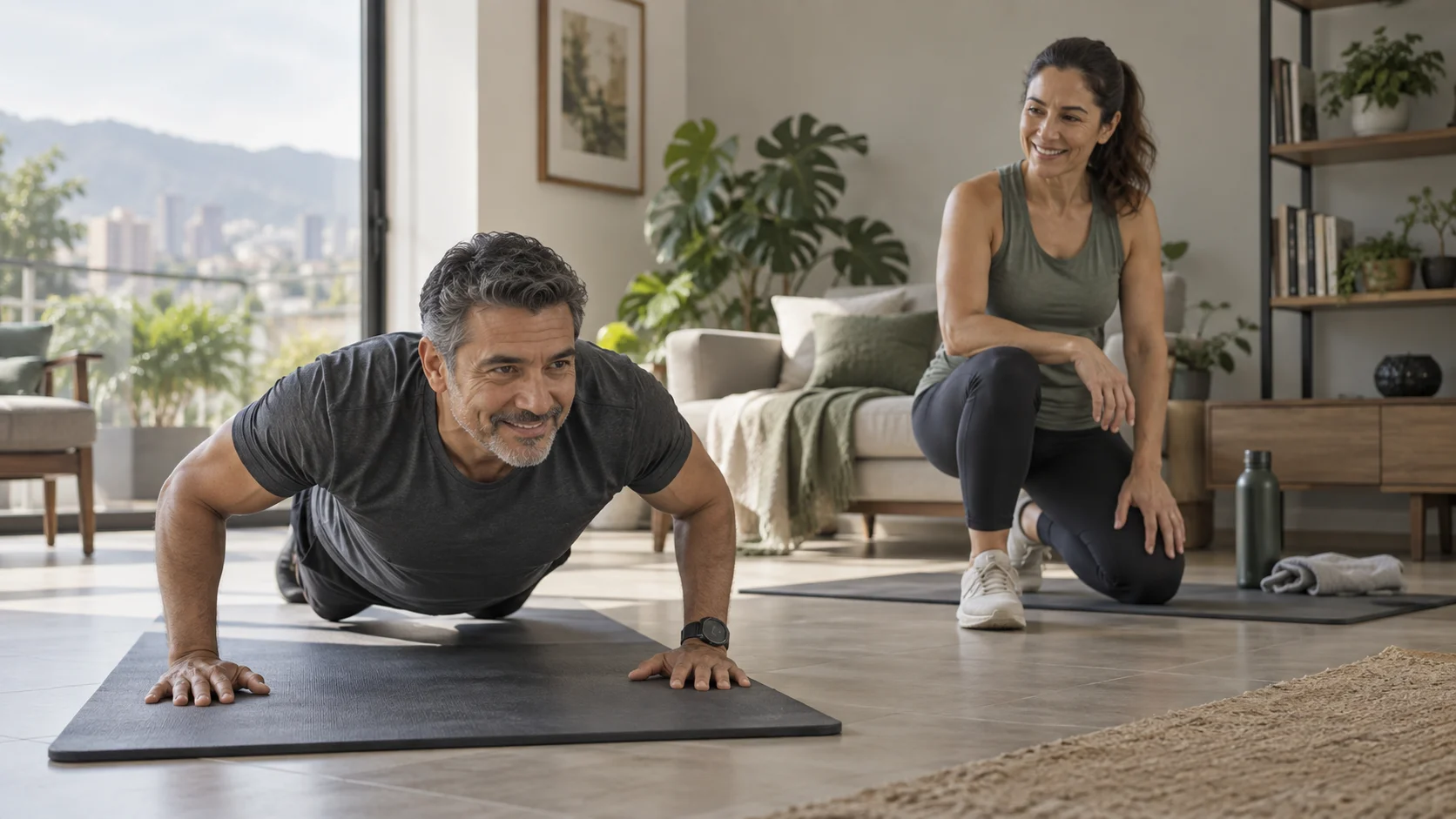 Adultos 40+ entrenando en casa con movimientos de fuerza y movilidad