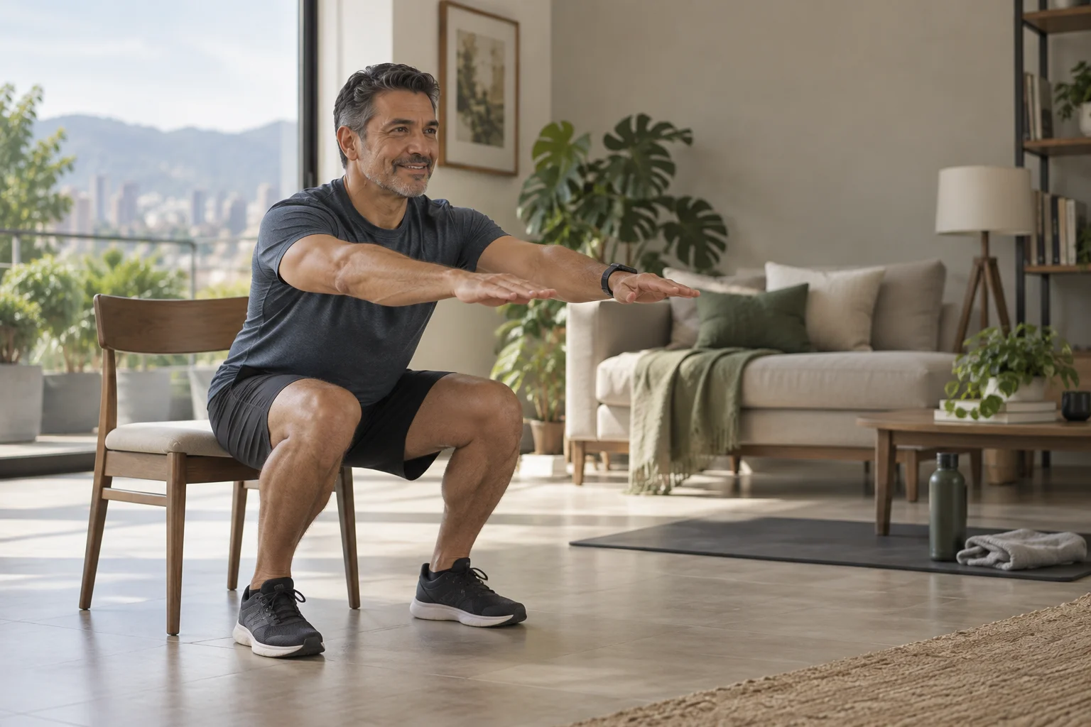 Mujer adulta realizando una sentadilla asistida con silla en casa