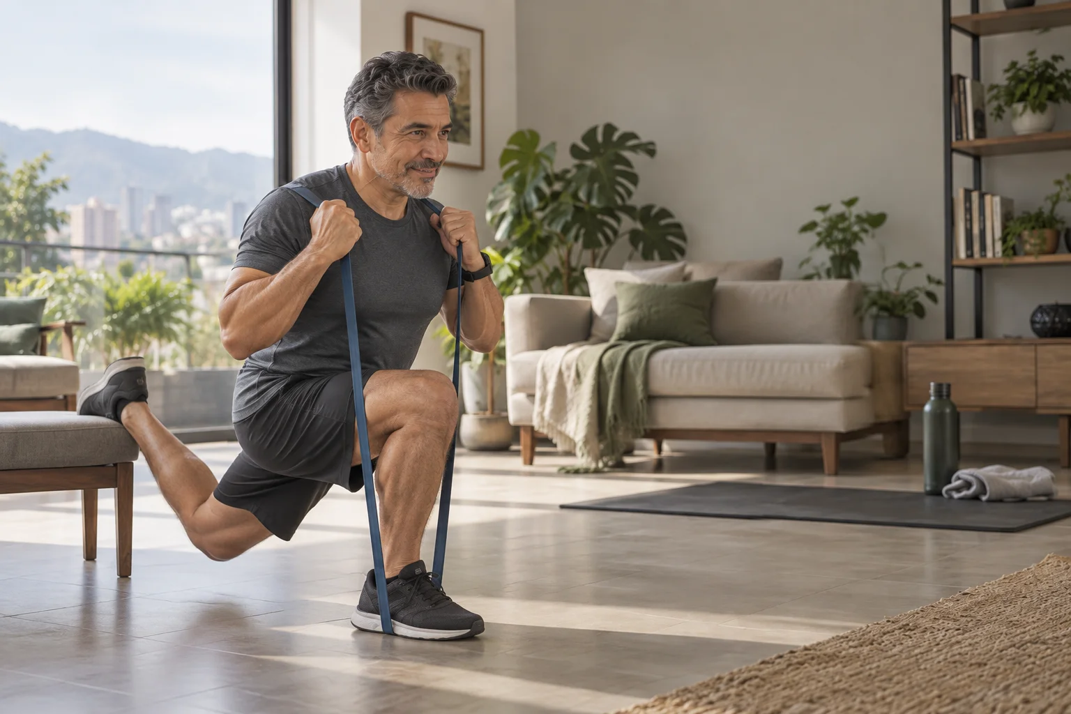 Adulto 40+ realizando una progresión de fuerza en casa